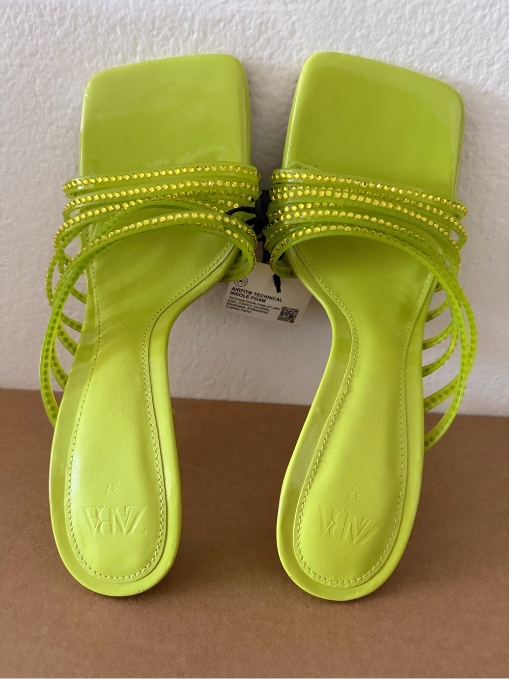 ZARA Neon Lime Beaded Strap Slide Mules